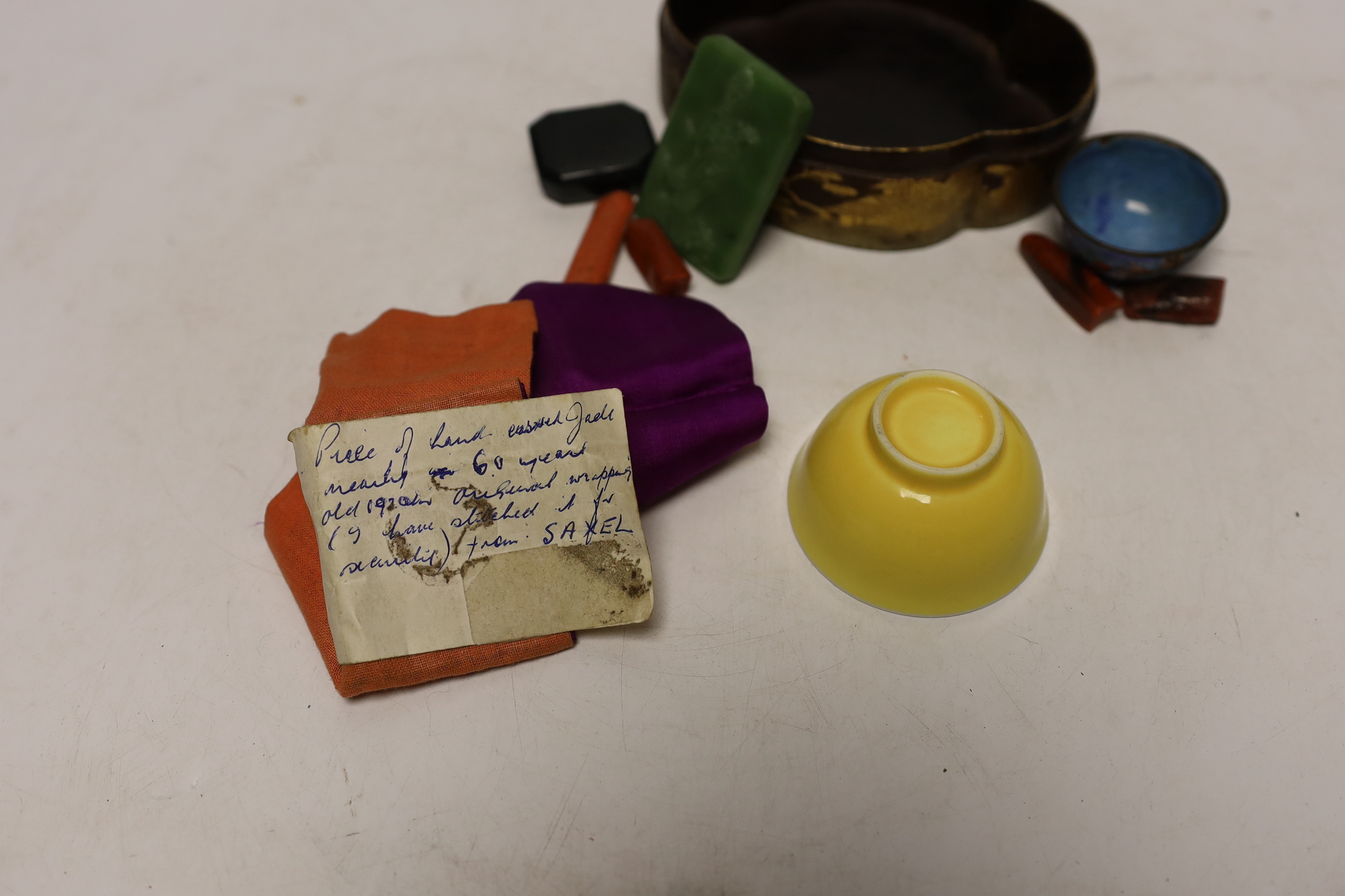 Assorted Chinese small items including Canton enamel etc., yellow glazed bowl 6cm diameter